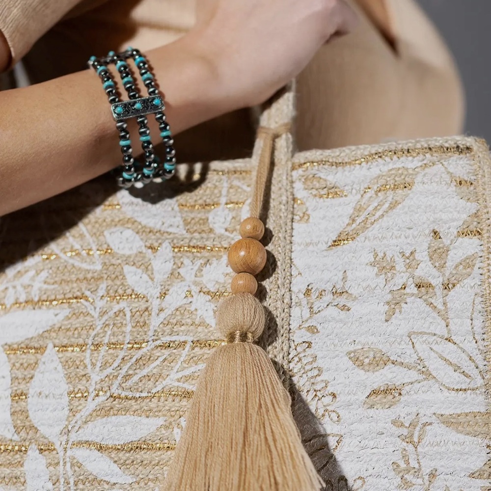 Jute Shoulder Floral Bag Beige NWT - Picture 8 of 16